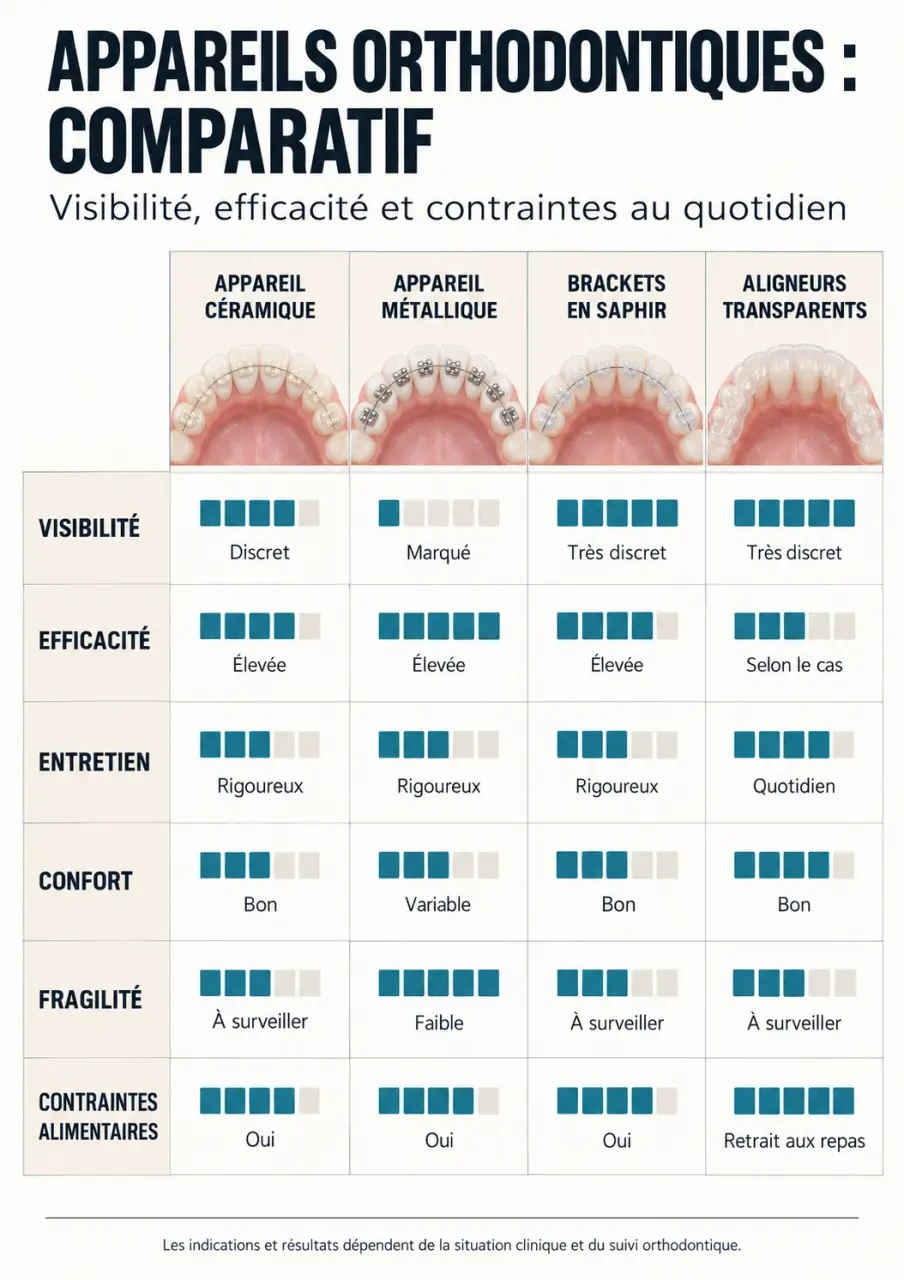 Infographie comparative sur l'appareil dentaire céramique, métallique, en saphir et les aligneurs transparents